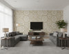 Serigraph Brocade - Etched Linen | Maya Romanoff - Living Room Visualization (AI-generated, may not be to scale. Verify pattern scale with product specifications.)