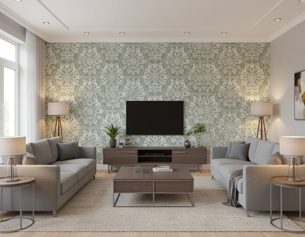 Serigraph Brocade - Embellished Blue | Maya Romanoff - Living Room Visualization (AI-generated, may not be to scale. Verify pattern scale with product specifications.)