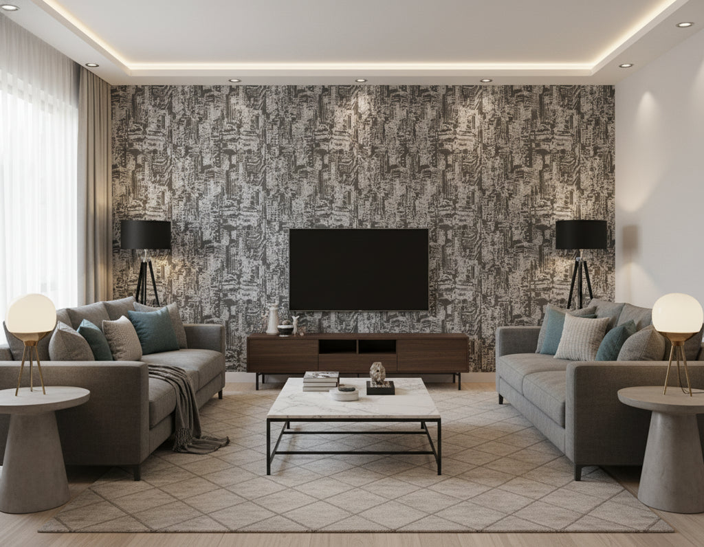 Serigraph Citiscape - Sculpted Slate | Maya Romanoff - Living Room Visualization (AI-generated, may not be to scale. Verify pattern scale with product specifications.)