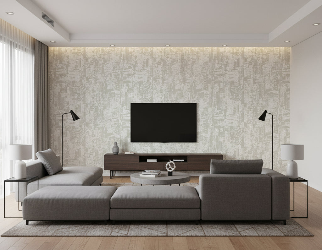 Serigraph Citiscape - Engraved Grey | Maya Romanoff - Living Room Visualization (AI-generated, may not be to scale. Verify pattern scale with product specifications.)