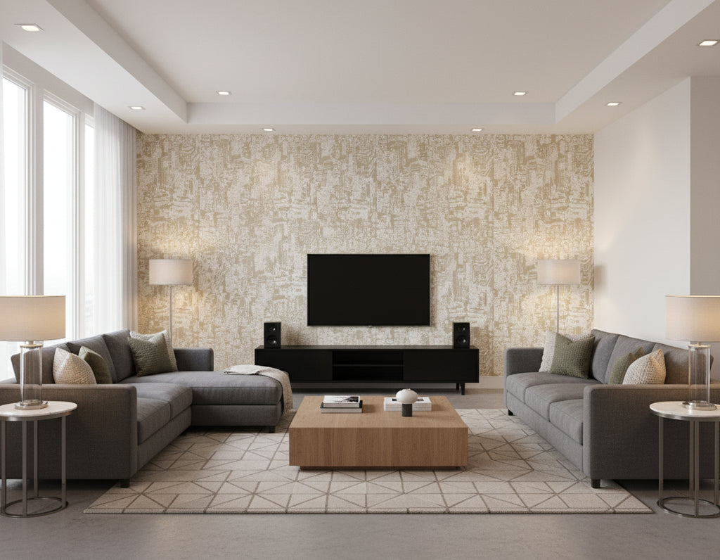 Serigraph Citiscape - Etched Linen | Maya Romanoff - Living Room Visualization (AI-generated, may not be to scale. Verify pattern scale with product specifications.)