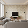 Serigraph Dynasty - Engraved Grey | Maya Romanoff - Living Room Visualization (AI-generated, may not be to scale. Verify pattern scale with product specifications.)