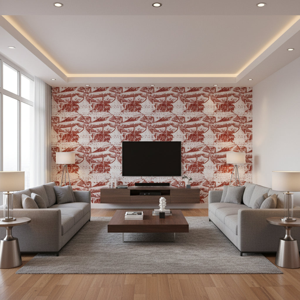 Serigraph Dynasty - Chiseled Cherry | Maya Romanoff - Living Room Visualization (AI-generated, may not be to scale. Verify pattern scale with product specifications.)