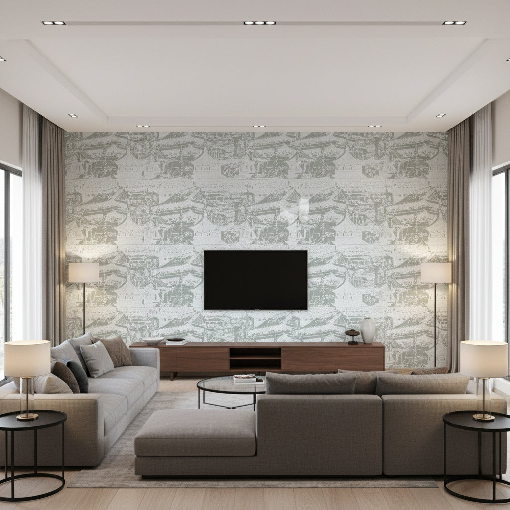 Serigraph Dynasty - Embellished Blue | Maya Romanoff - Living Room Visualization (AI-generated, may not be to scale. Verify pattern scale with product specifications.)