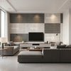 True Metals Basketweave - Scoured Aluminum | Maya Romanoff - Living Room Visualization (AI-generated, may not be to scale. Verify pattern scale with product specifications.)