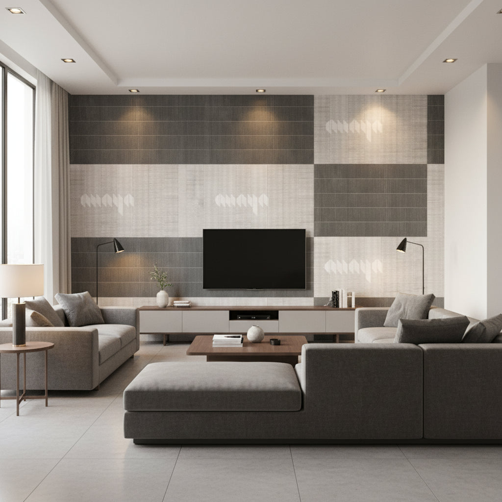 True Metals Basketweave - Scoured Aluminum | Maya Romanoff - Living Room Visualization (AI-generated, may not be to scale. Verify pattern scale with product specifications.)