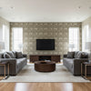 True Metals Coffers™ - Champagne | Maya Romanoff - Living Room Visualization (AI-generated, may not be to scale. Verify pattern scale with product specifications.)