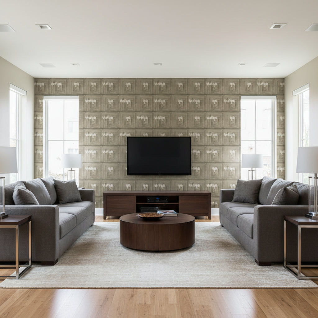True Metals Coffers™ - Champagne | Maya Romanoff - Living Room Visualization (AI-generated, may not be to scale. Verify pattern scale with product specifications.)