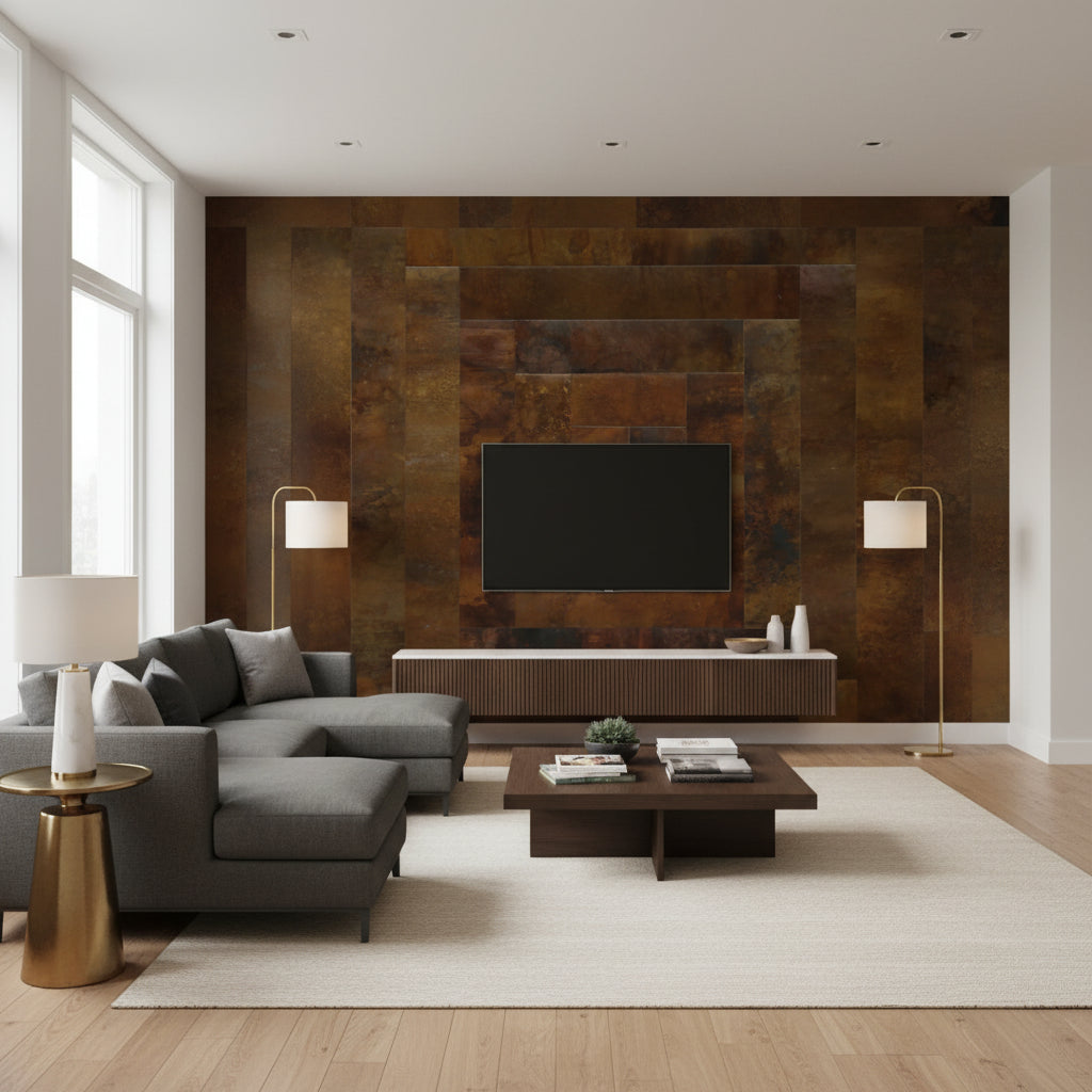 True Metals Coffers™ - Tortoise | Maya Romanoff - Living Room Visualization (AI-generated, may not be to scale. Verify pattern scale with product specifications.)