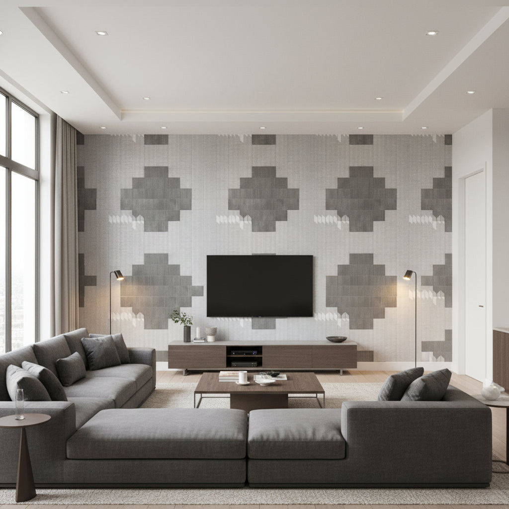 True Metals Coffers™ - Scoured Aluminum | Maya Romanoff - Living Room Visualization (AI-generated, may not be to scale. Verify pattern scale with product specifications.)
