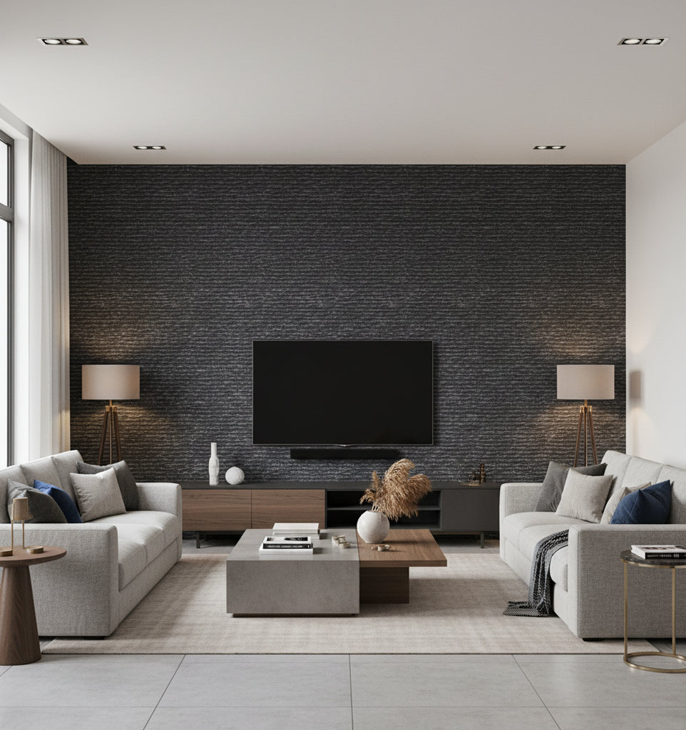 Twisted - Bali Blue | Maya Romanoff - Living Room Visualization (AI-generated, may not be to scale. Verify pattern scale with product specifications.)
