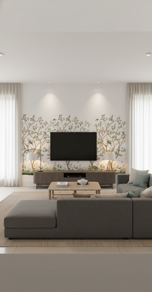 Lingering Garden Wallcovering Mural White | Ralph Lauren - Living Room Visualization (AI-generated, may not be to scale. Verify pattern scale with product specifications.)