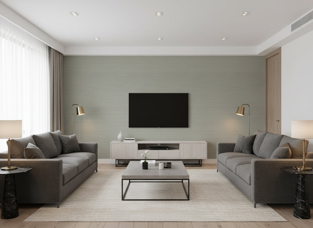 Abaca Lake | Romo - Living Room Visualization (AI-generated, may not be to scale. Verify pattern scale with product specifications.)