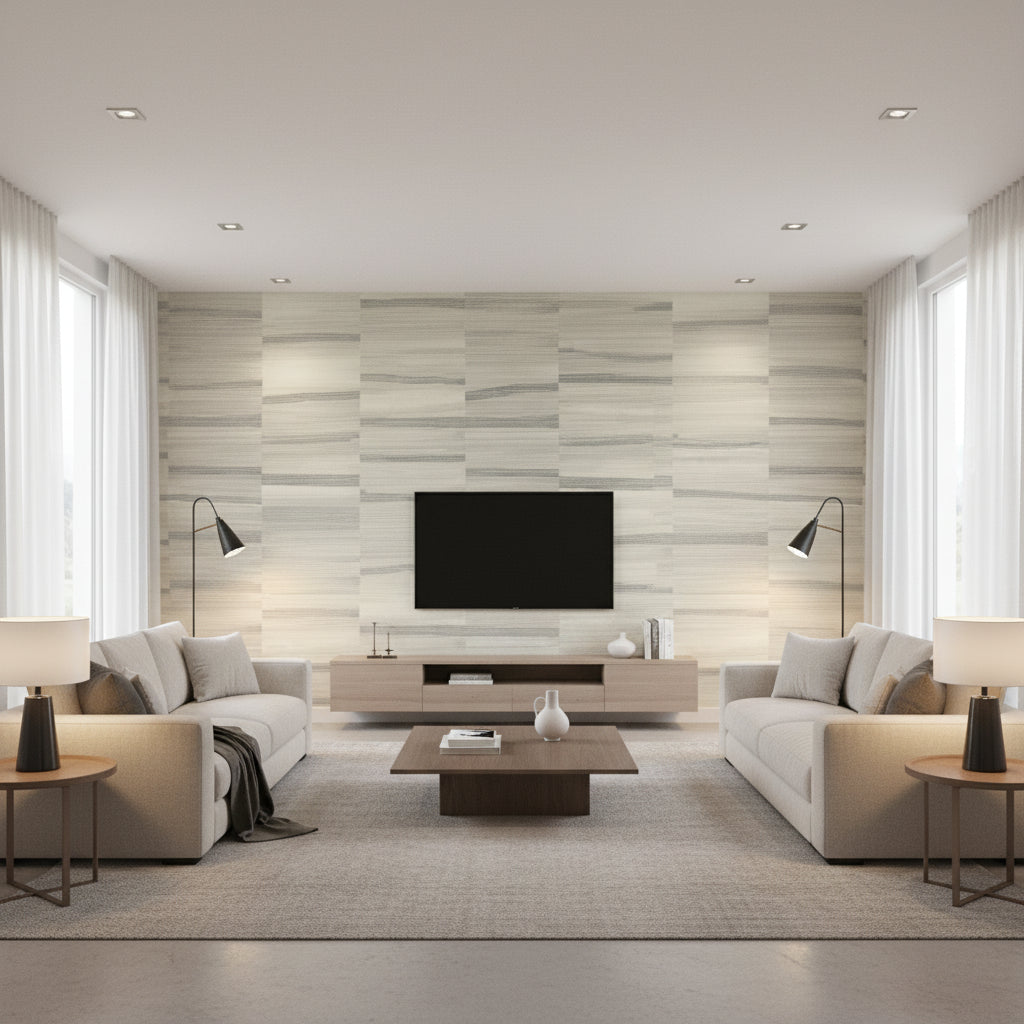 Savanna Shell | Romo - Living Room Visualization (AI-generated, may not be to scale. Verify pattern scale with product specifications.)
