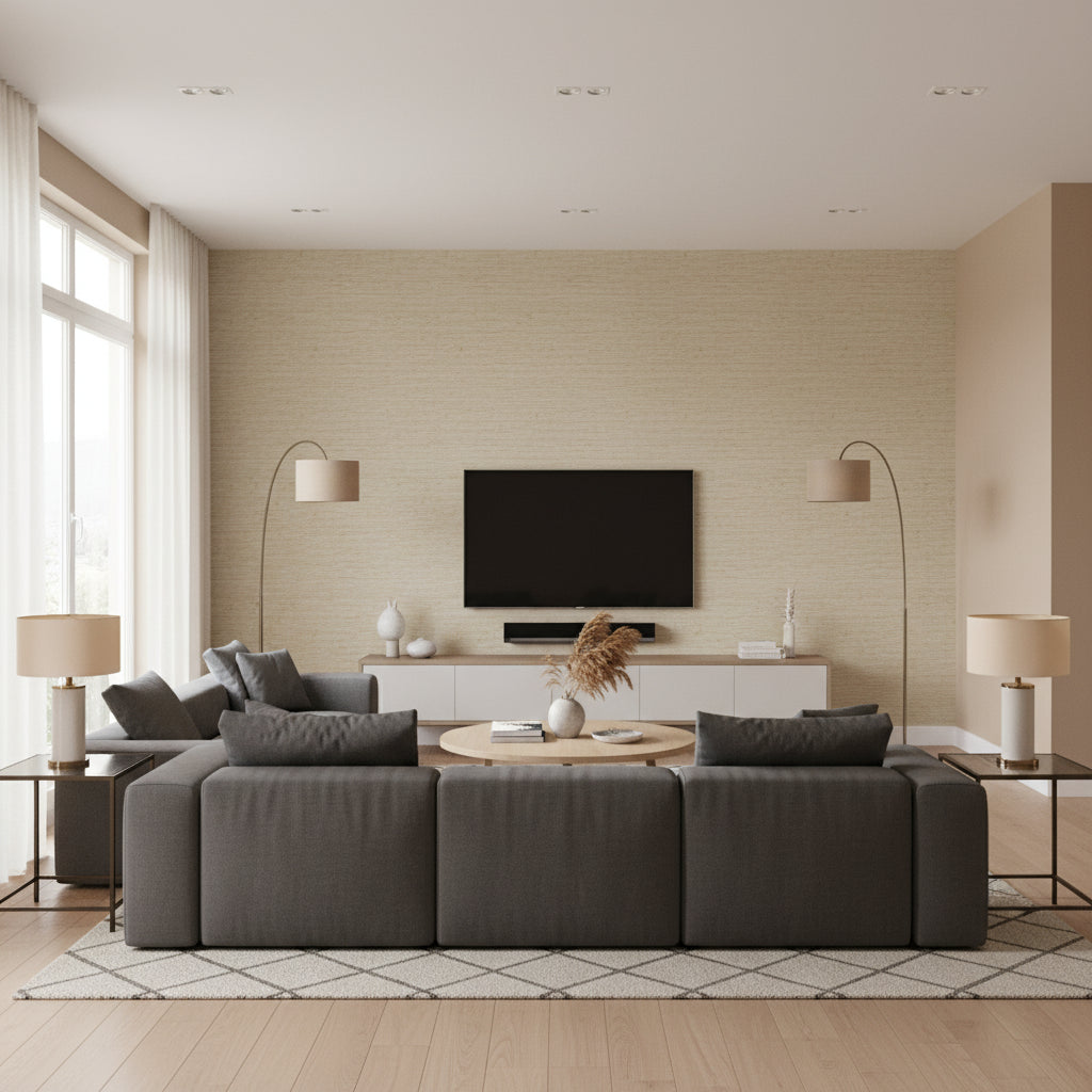 Raffia Canvas | Romo - Living Room Visualization (AI-generated, may not be to scale. Verify pattern scale with product specifications.)