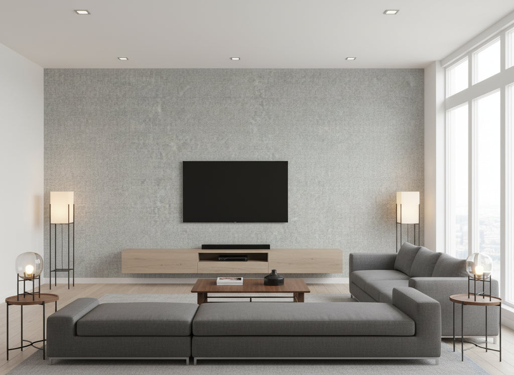 Akata Storm | Romo - Living Room Visualization (AI-generated, may not be to scale. Verify pattern scale with product specifications.)