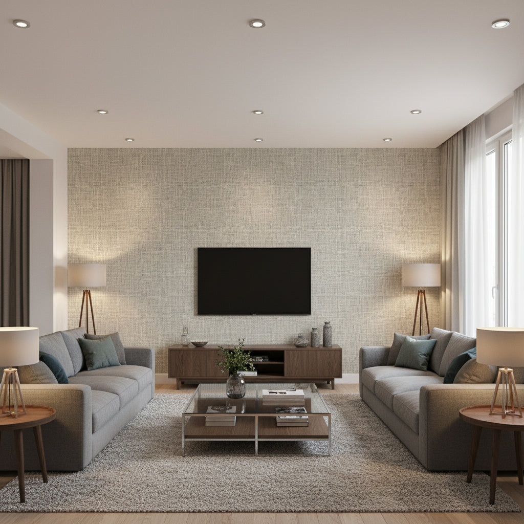 Ori Indigo | Romo - Living Room Visualization (AI-generated, may not be to scale. Verify pattern scale with product specifications.)