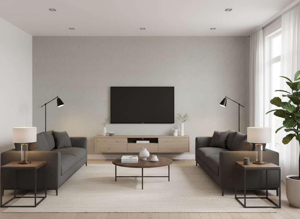 Papier Lake | Romo - Living Room Visualization (AI-generated, may not be to scale. Verify pattern scale with product specifications.)