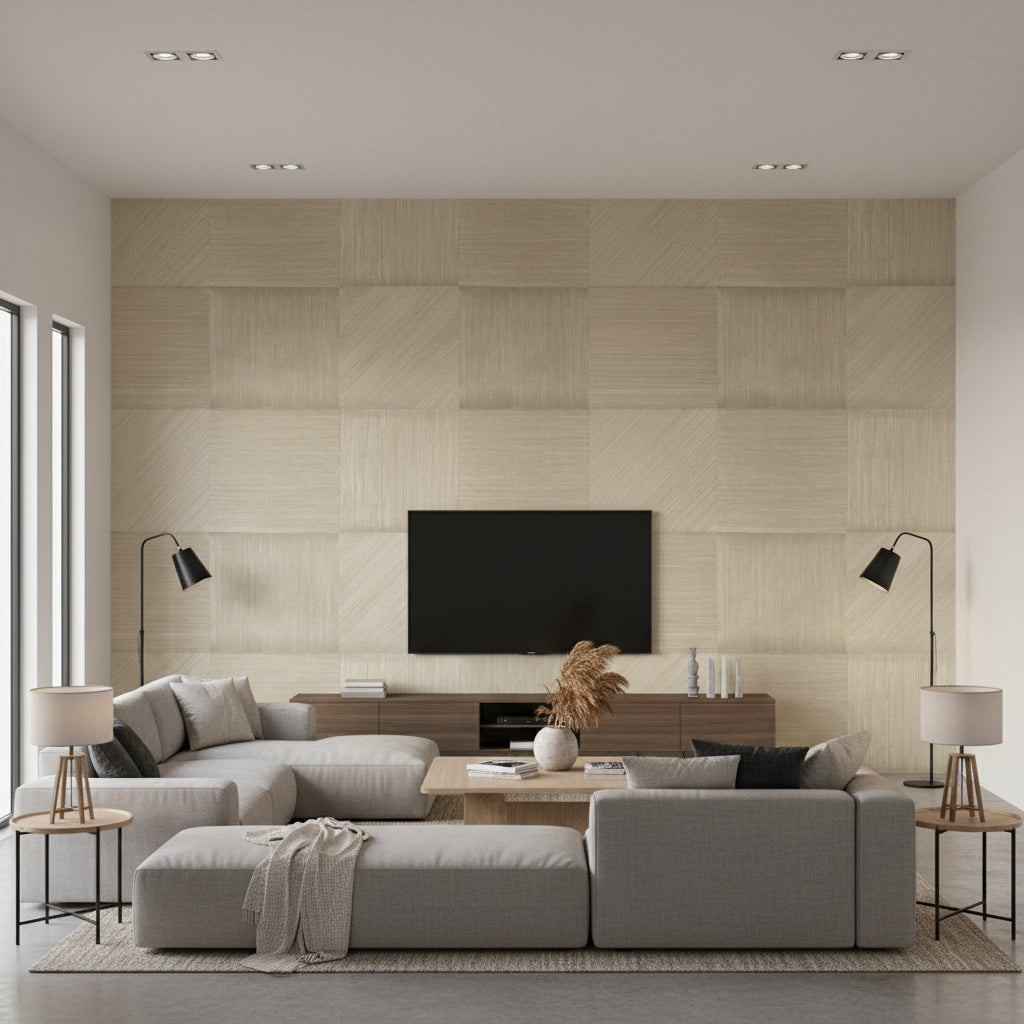 Square Cut Parchment | Romo - Living Room Visualization (AI-generated, may not be to scale. Verify pattern scale with product specifications.)