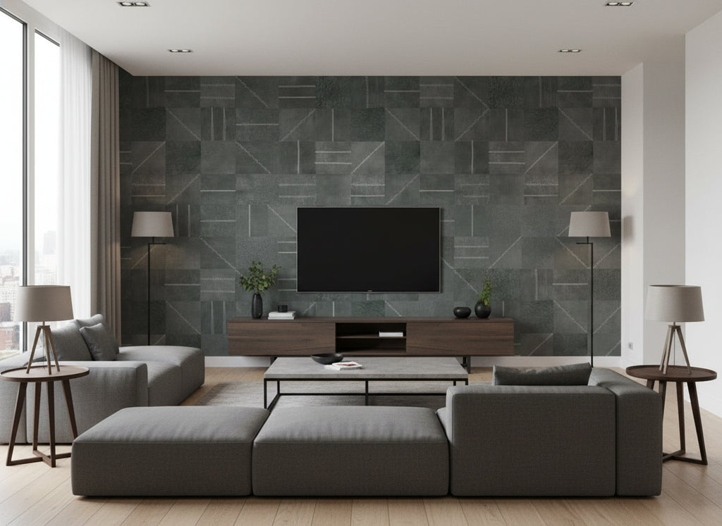 Network charcoal gray | Romo - Living Room Visualization (AI-generated, may not be to scale. Verify pattern scale with product specifications.)