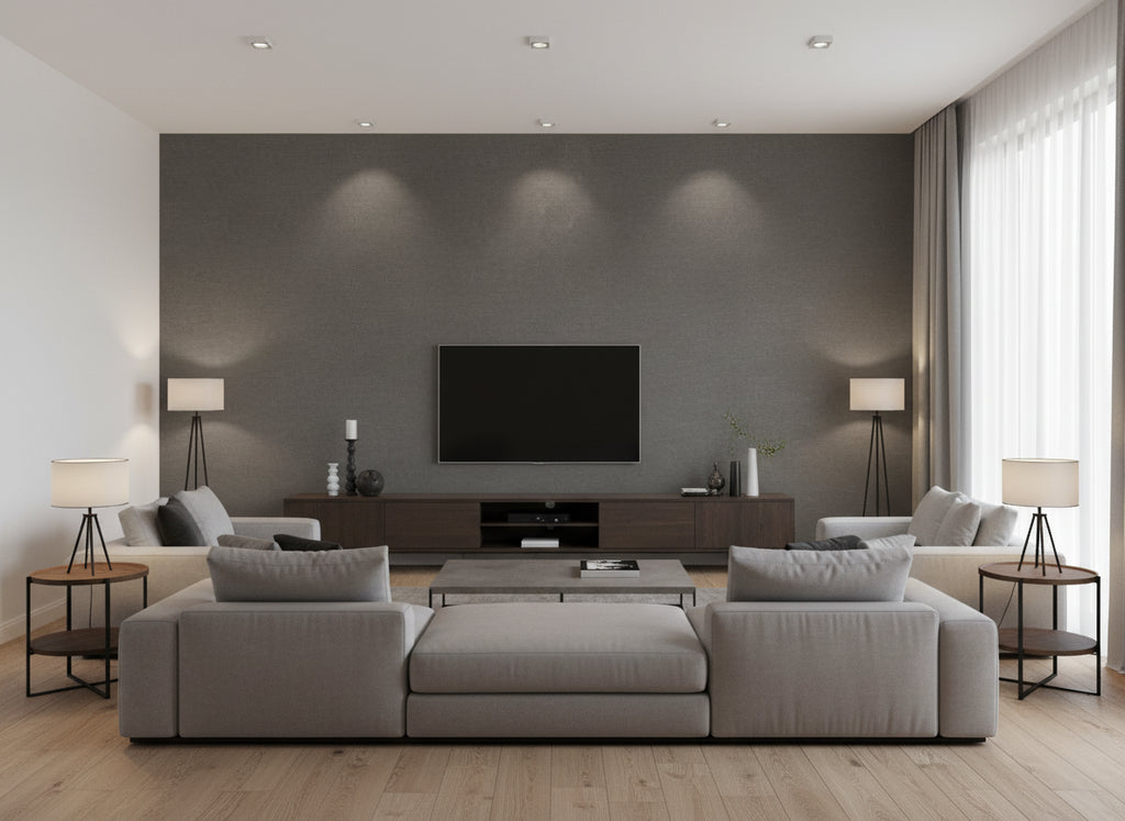 Washi Metal | Romo - Living Room Visualization (AI-generated, may not be to scale. Verify pattern scale with product specifications.)