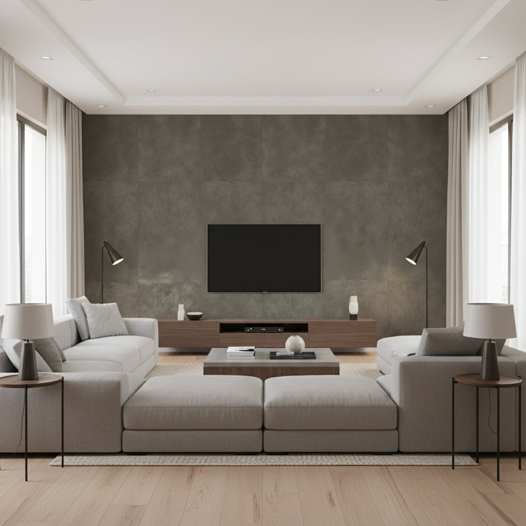 Washi Stoneware | Romo - Living Room Visualization (AI-generated, may not be to scale. Verify pattern scale with product specifications.)