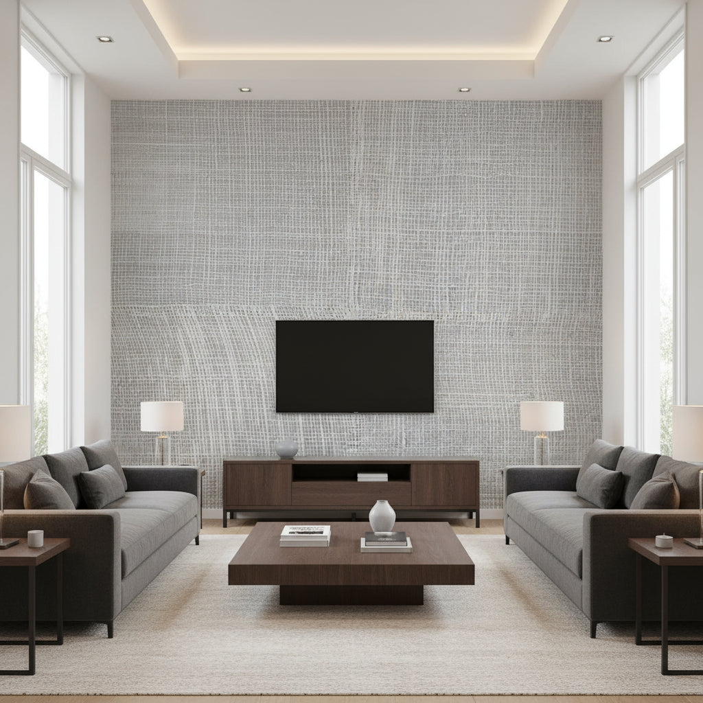 Synamay Mist | Romo - Living Room Visualization (AI-generated, may not be to scale. Verify pattern scale with product specifications.)