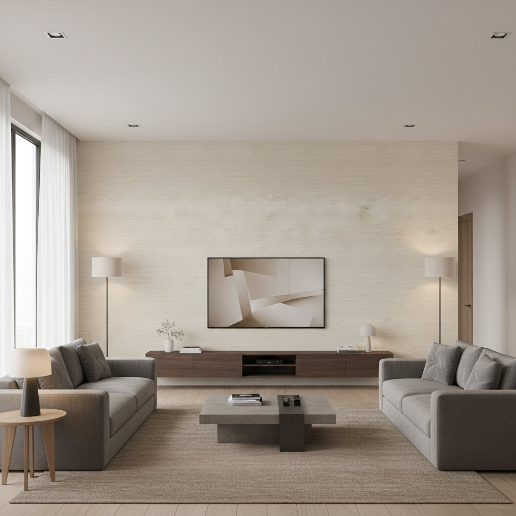 Burlap Whitewash | Romo - Living Room Visualization (AI-generated, may not be to scale. Verify pattern scale with product specifications.)