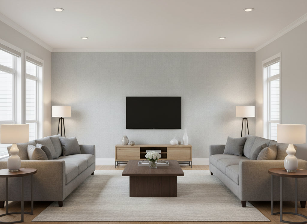 Panama Dove | Romo - Living Room Visualization (AI-generated, may not be to scale. Verify pattern scale with product specifications.)