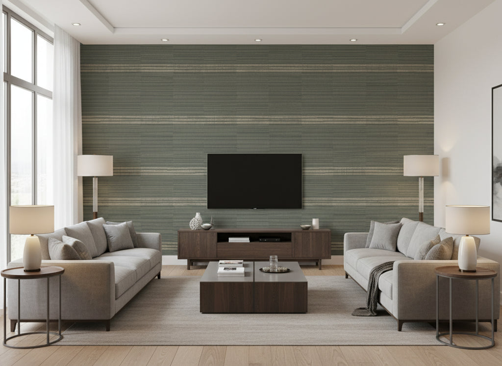 Root Shale | Romo - Living Room Visualization (AI-generated, may not be to scale. Verify pattern scale with product specifications.)