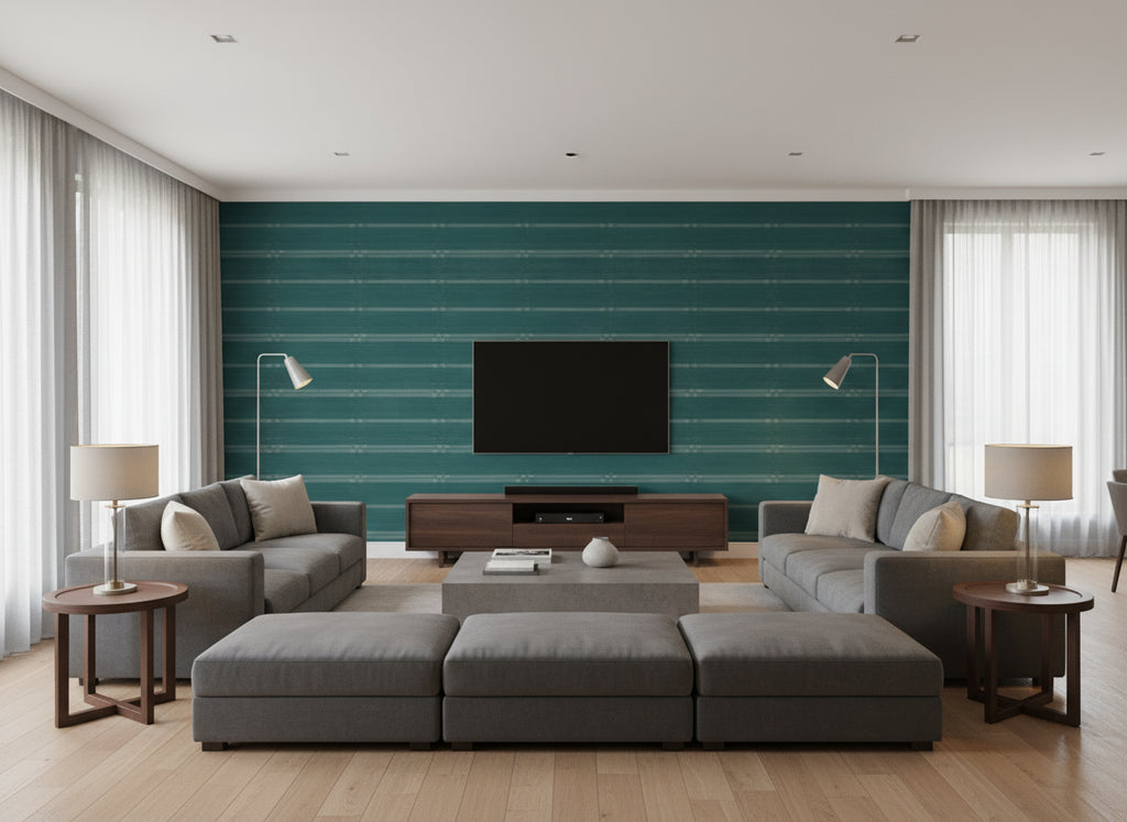 Kobe teal | Romo - Living Room Visualization (AI-generated, may not be to scale. Verify pattern scale with product specifications.)