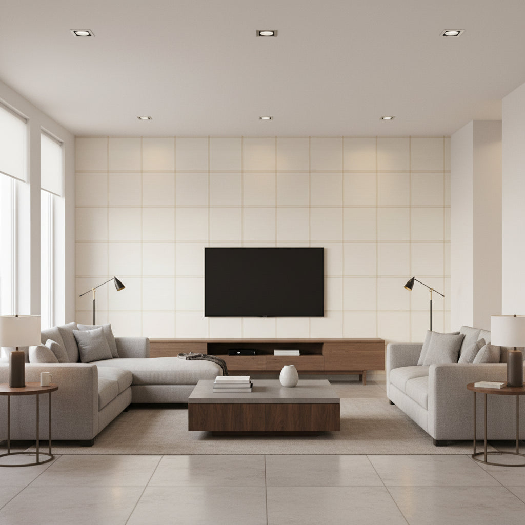 Koshi Jasper White | Romo - Living Room Visualization (AI-generated, may not be to scale. Verify pattern scale with product specifications.)
