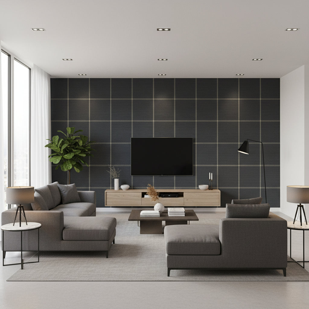Koshi charcoal gray | Romo - Living Room Visualization (AI-generated, may not be to scale. Verify pattern scale with product specifications.)