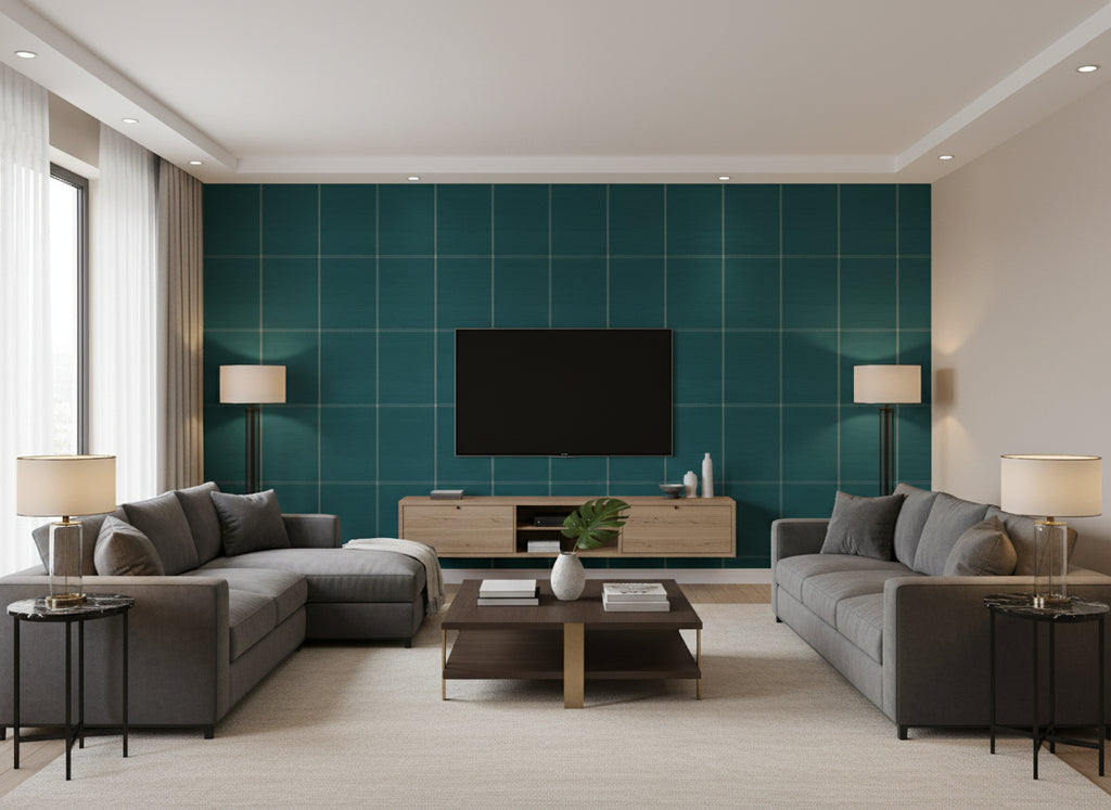 Koshi teal | Romo - Living Room Visualization (AI-generated, may not be to scale. Verify pattern scale with product specifications.)