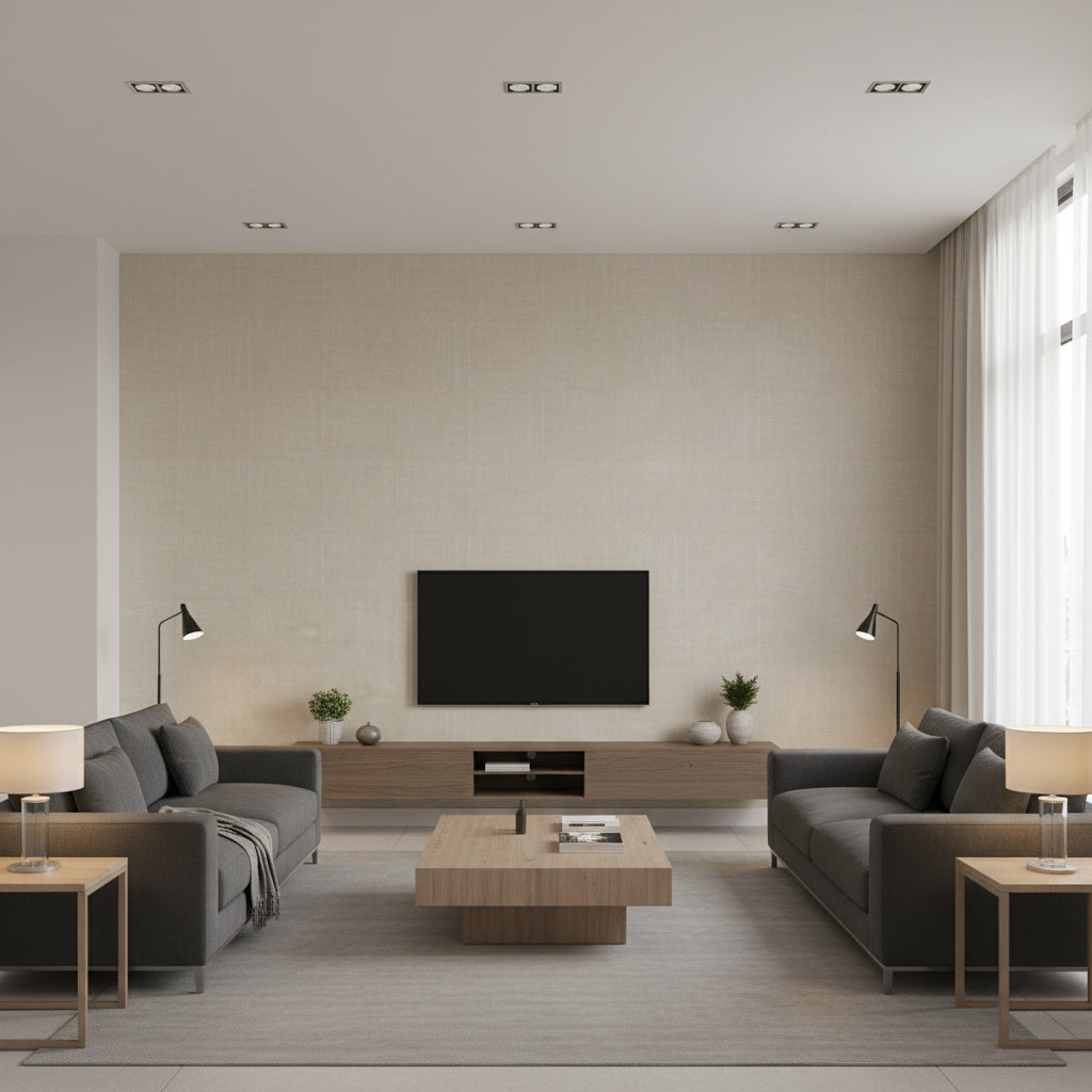 Abacá Patchwork Gris | Romo - Living Room Visualization (AI-generated, may not be to scale. Verify pattern scale with product specifications.)