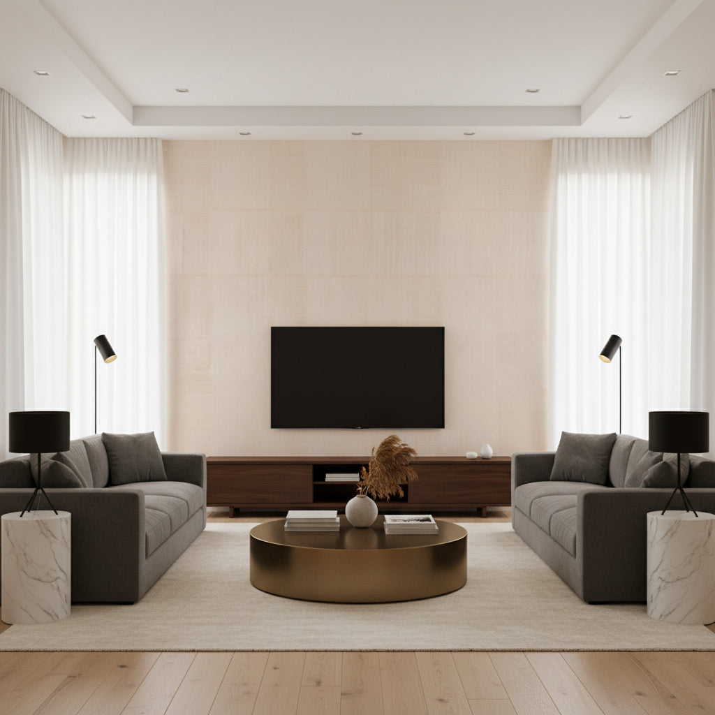 Abacá Patchwork Alabaster | Romo - Living Room Visualization (AI-generated, may not be to scale. Verify pattern scale with product specifications.)