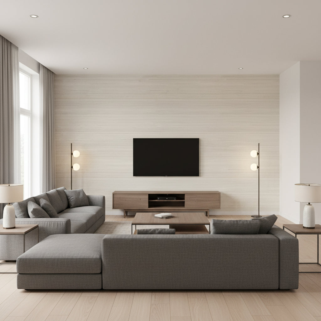 Duo Abacá Atmosphere | Romo - Living Room Visualization (AI-generated, may not be to scale. Verify pattern scale with product specifications.)