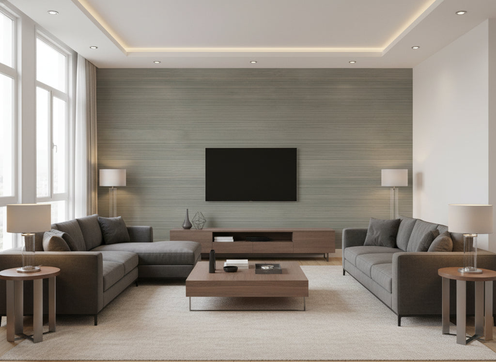 Duo Abacá Tempest | Romo - Living Room Visualization (AI-generated, may not be to scale. Verify pattern scale with product specifications.)