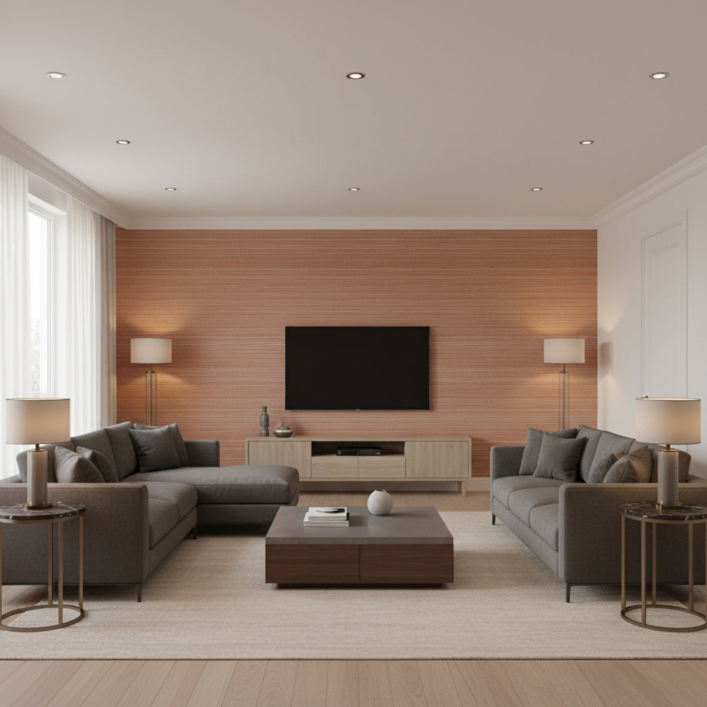 Duo Abacá Berber Red | Romo - Living Room Visualization (AI-generated, may not be to scale. Verify pattern scale with product specifications.)