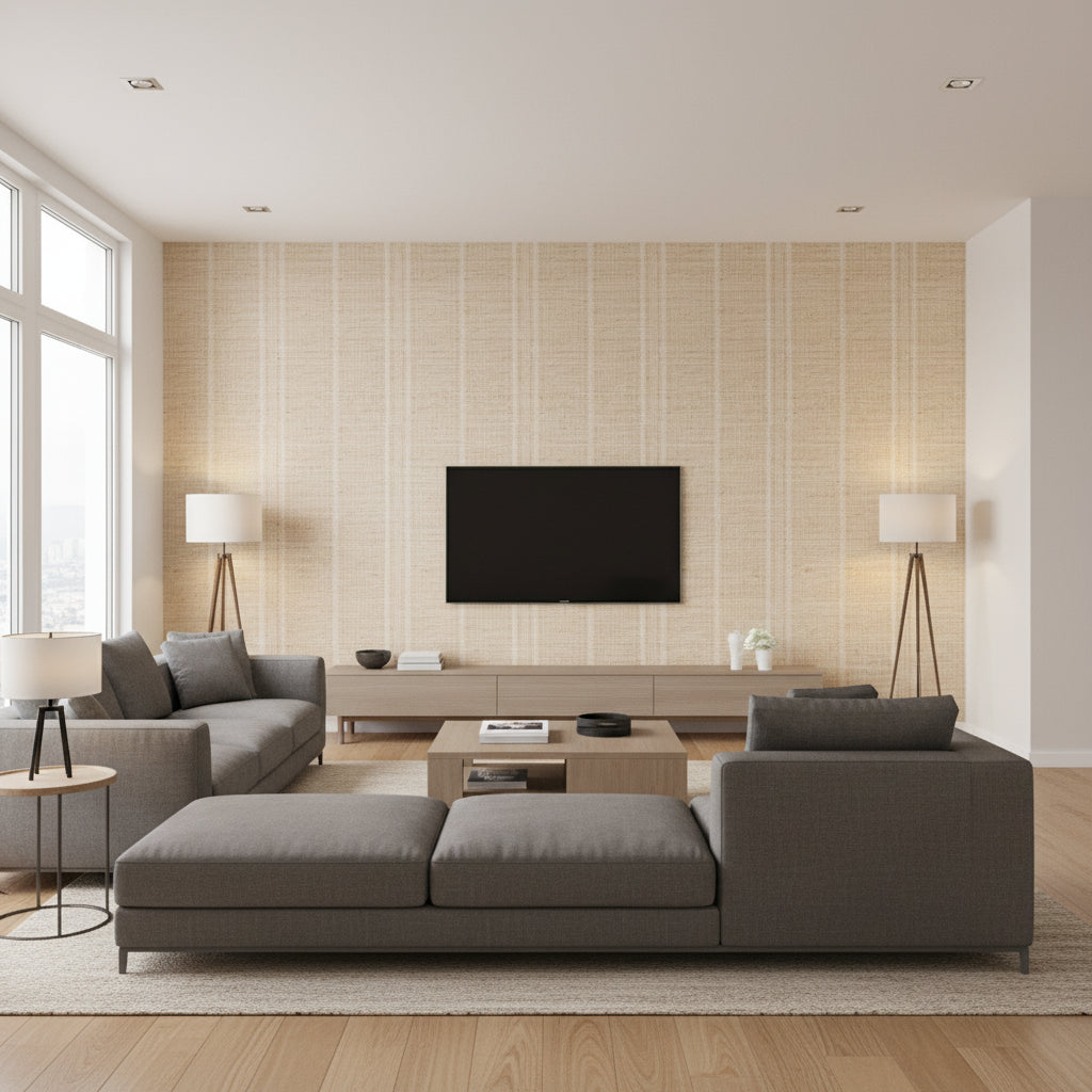 Medina Whitewash | Romo - Living Room Visualization (AI-generated, may not be to scale. Verify pattern scale with product specifications.)
