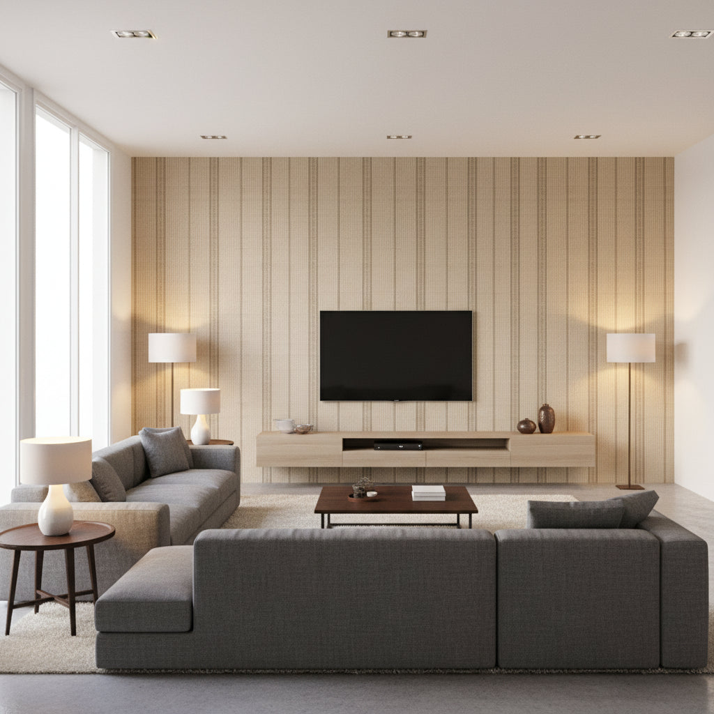 Medina Natural | Romo - Living Room Visualization (AI-generated, may not be to scale. Verify pattern scale with product specifications.)