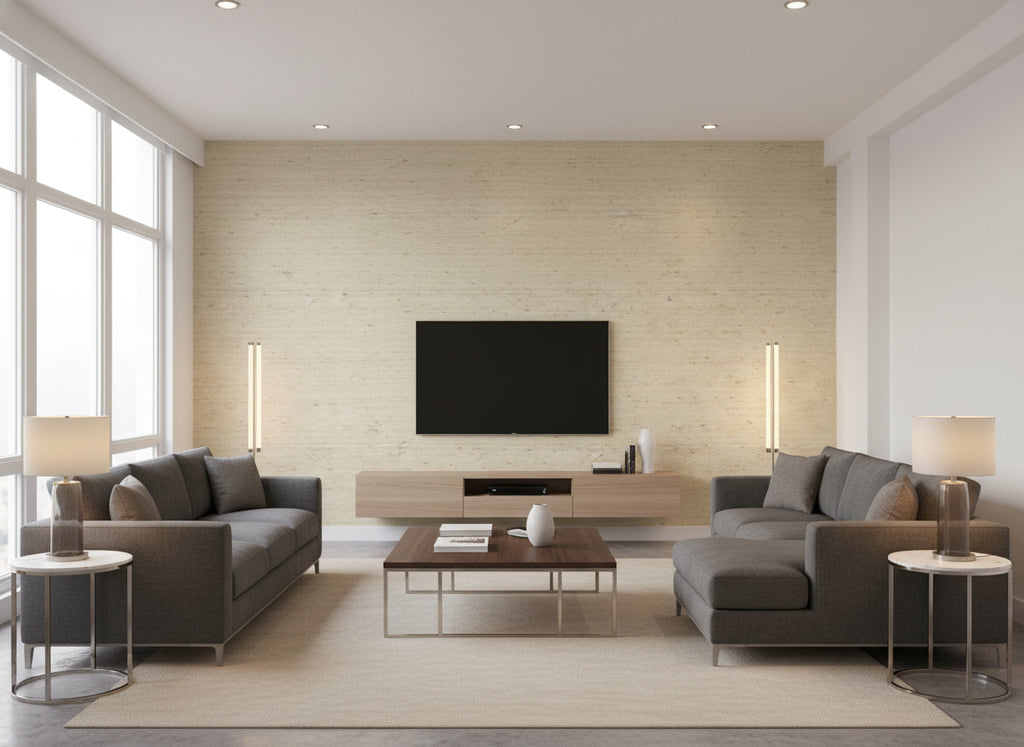 Arrowroot Pale Celadon | Romo - Living Room Visualization (AI-generated, may not be to scale. Verify pattern scale with product specifications.)