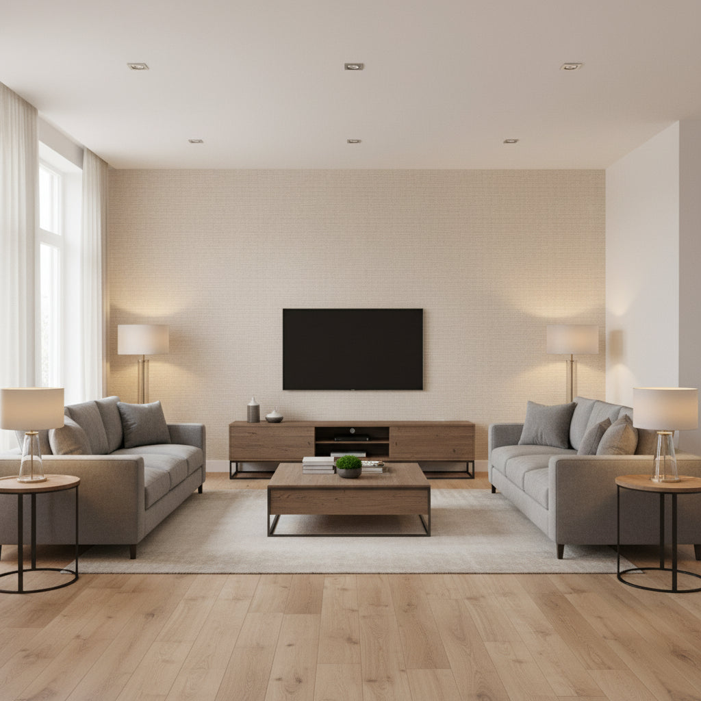 Wicker Whitewash | Romo - Living Room Visualization (AI-generated, may not be to scale. Verify pattern scale with product specifications.)