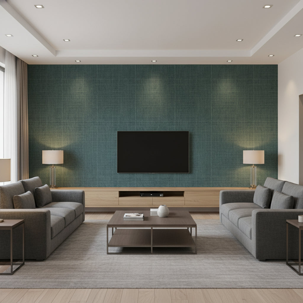Wicker Dark Teal | Romo - Living Room Visualization (AI-generated, may not be to scale. Verify pattern scale with product specifications.)