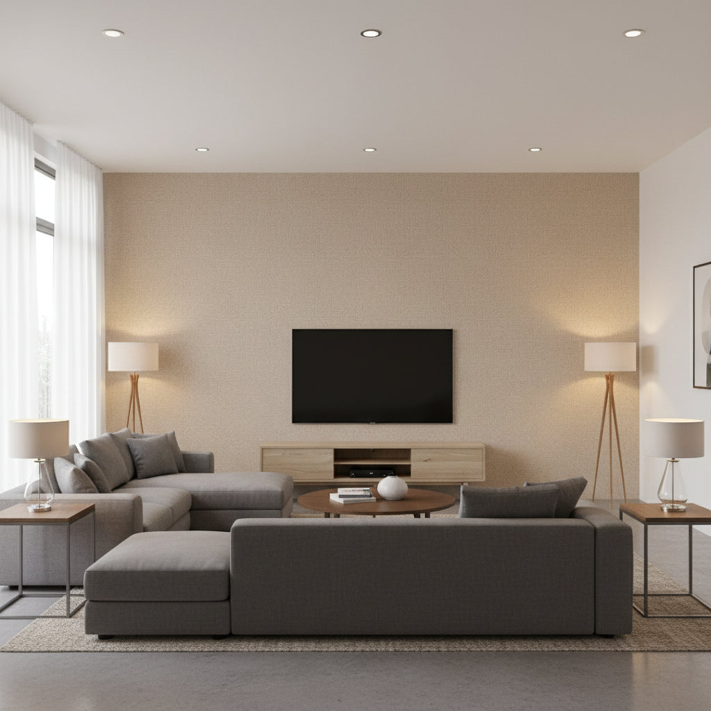 Maze Alabaster | Romo - Living Room Visualization (AI-generated, may not be to scale. Verify pattern scale with product specifications.)