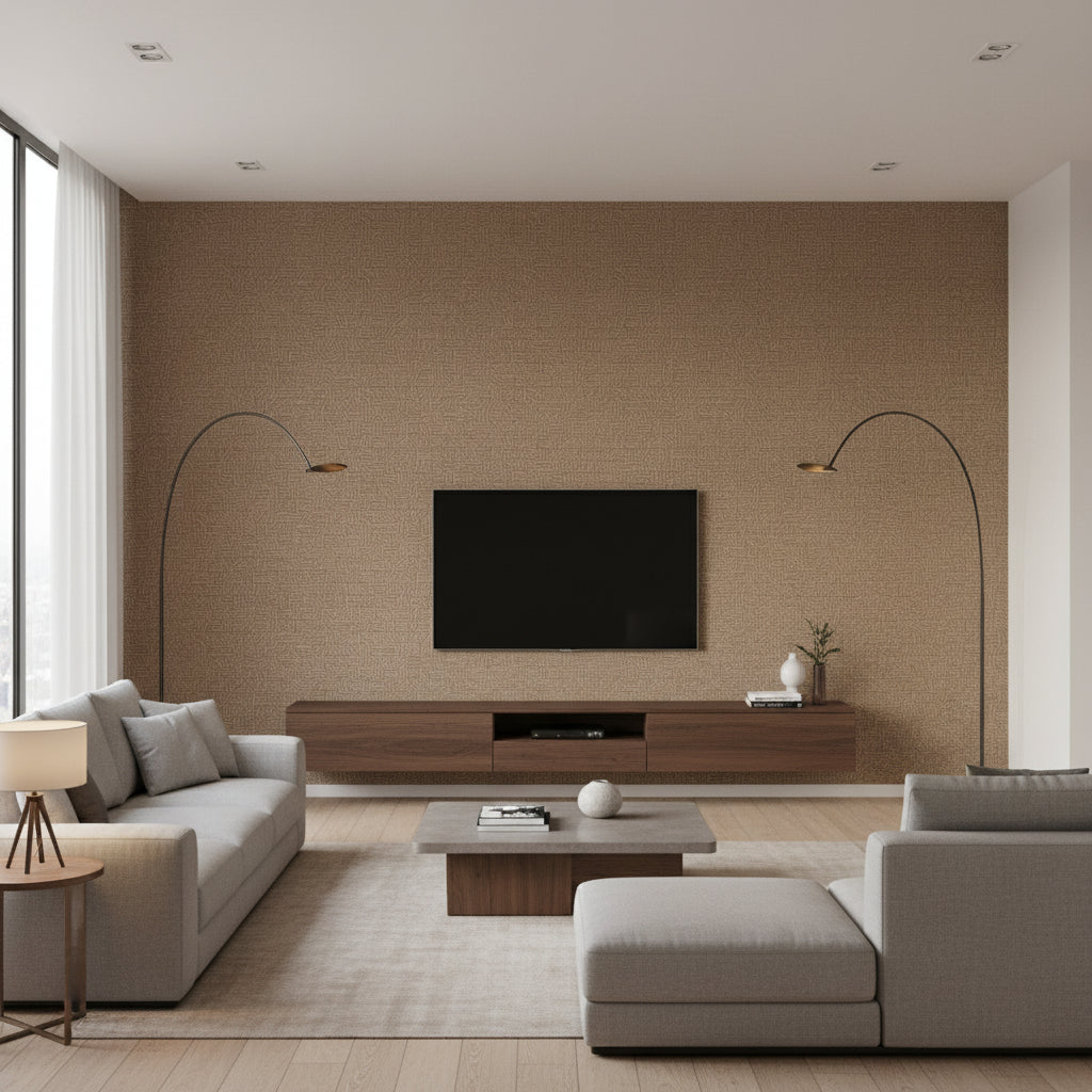 Maze Powder | Romo - Living Room Visualization (AI-generated, may not be to scale. Verify pattern scale with product specifications.)