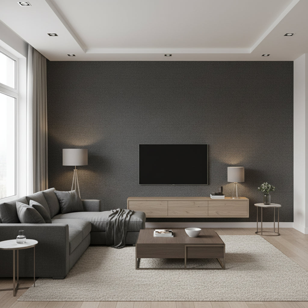 Maze Indigo | Romo - Living Room Visualization (AI-generated, may not be to scale. Verify pattern scale with product specifications.)