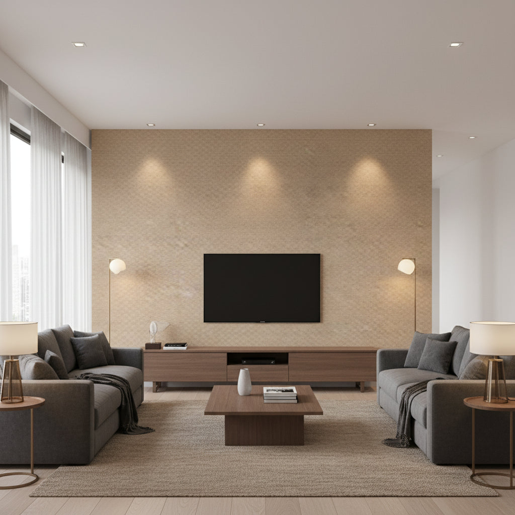 Tama Parchment | Romo - Living Room Visualization (AI-generated, may not be to scale. Verify pattern scale with product specifications.)