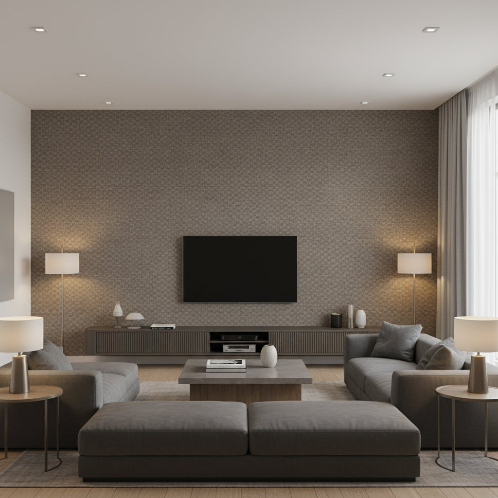 Tama Pewter | Romo - Living Room Visualization (AI-generated, may not be to scale. Verify pattern scale with product specifications.)