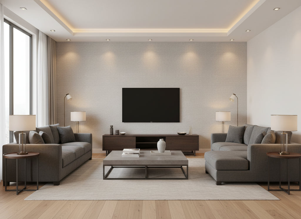 Facet Lake | Romo - Living Room Visualization (AI-generated, may not be to scale. Verify pattern scale with product specifications.)